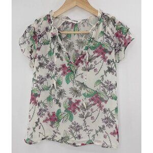 Steve Madden Floral V-Neck Tie Front Chiffon Short Sleeve Blouse Sz Sm‎ Preppy